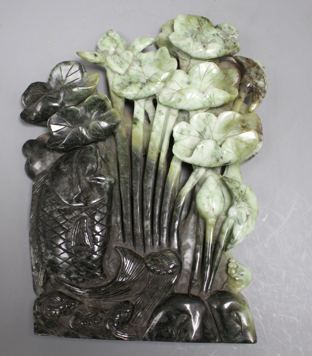 A Chinese carved jadeite group of a leaping carp and lotus flowers, height 30cm